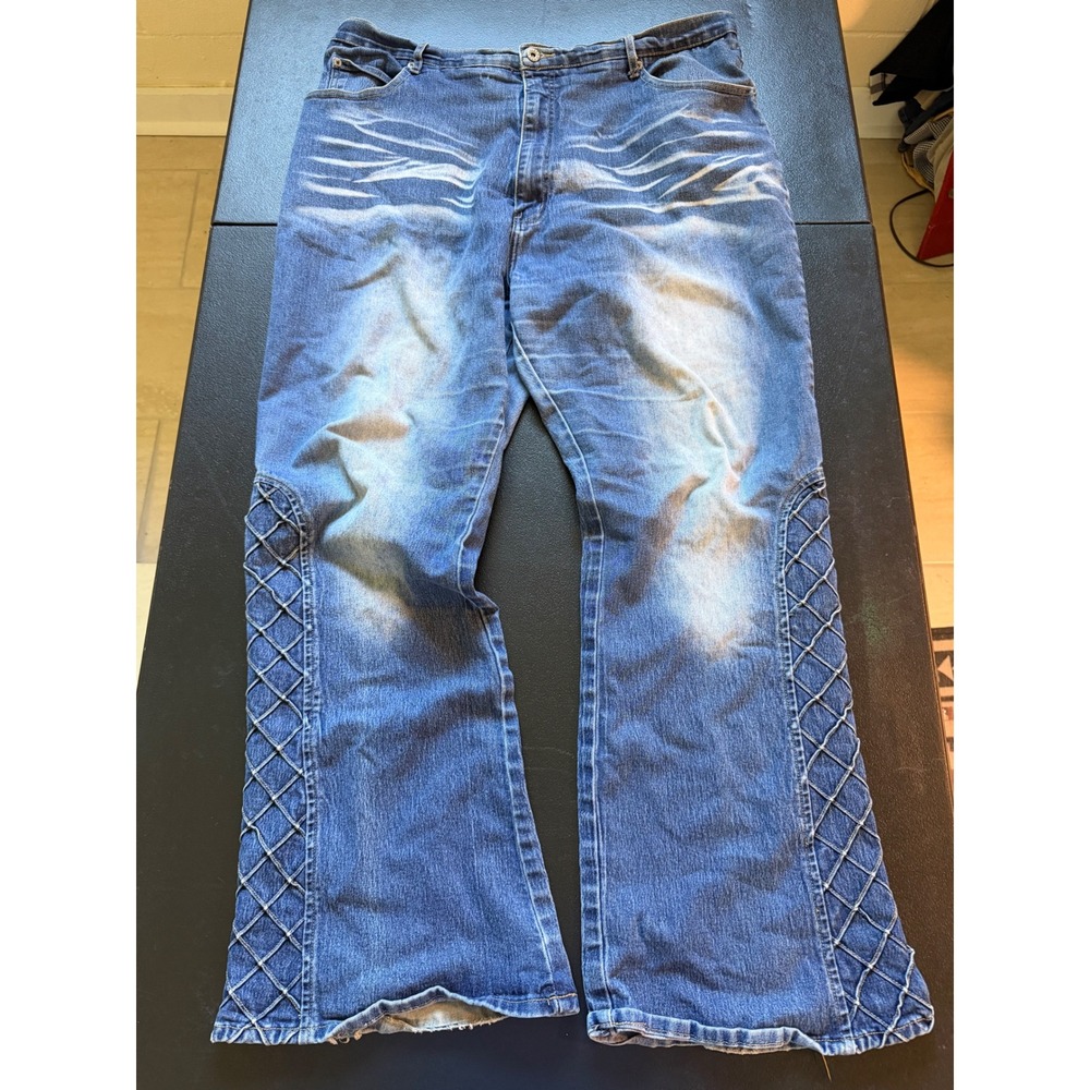 Lazer Jeans Womens 22 Blue Denim Lattice Flare Leg Y2K Whiskered Jeans